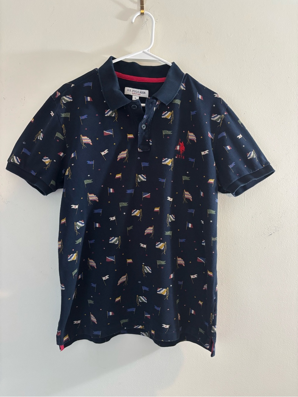 U.S. Polo Assn. Vintage Preppy Nautical Navy Multicolor Flag-Pattern Polo Shirt
